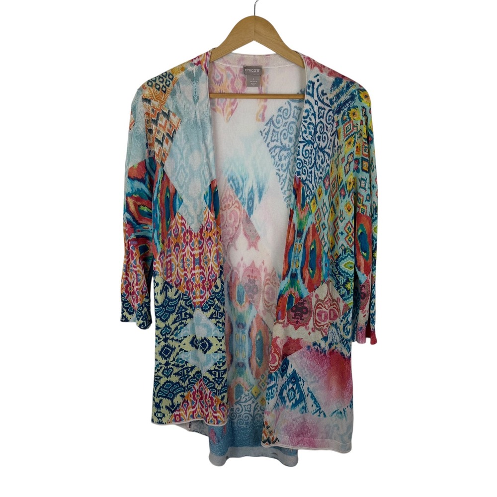 Chicos Open Front Cardigan Size 1 Medium Multicolor Patchwork Ikat Knit Colorful